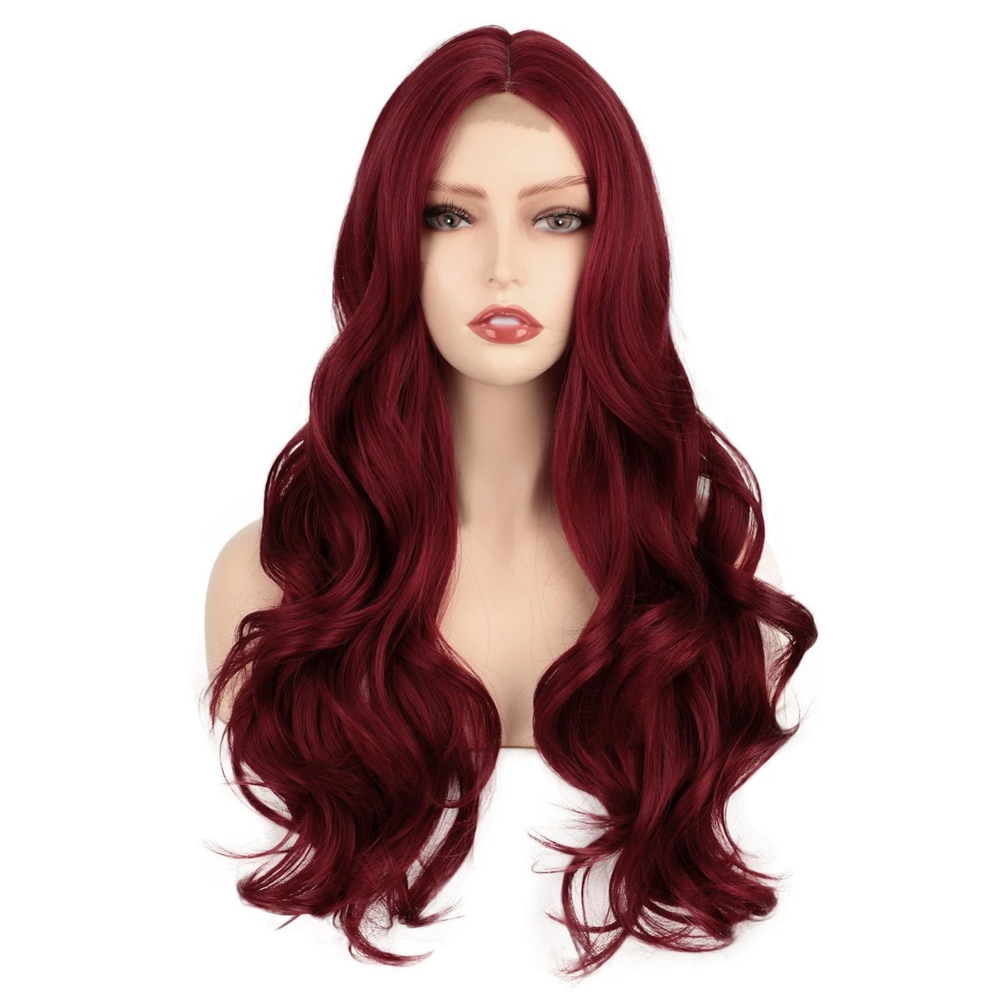 Long Red Lace Front Wig for Women Middle Parts Long Wavy Human Hair Wig with Lace Front Wig Caps Wigs for Women 24Inch