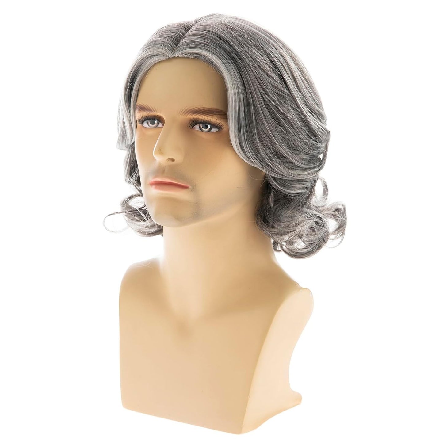 Mens Grey Wig Short Wavy Bob Wig Synthetic Cosplay Party Replacement Hair Wig