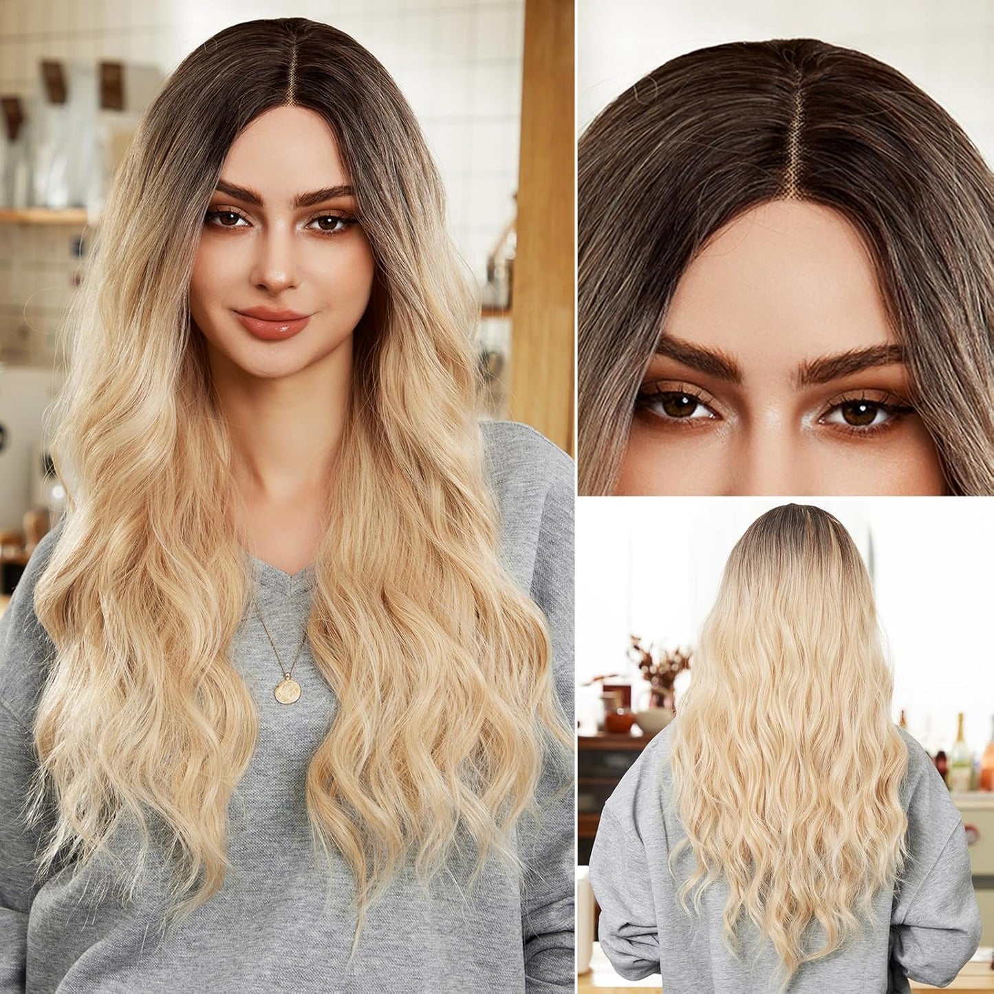 Synthetic Heat Resistant Wavy Wig for Women, 26 Inch Long Body Wavy, Brown with Blonde Highlights, Glueless Lace Front Wig