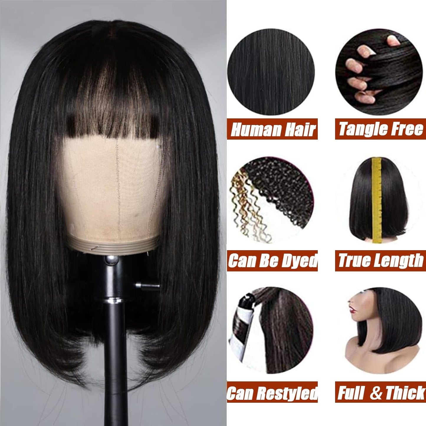 Bob Wig Human Hair with Bangs Short Black Bob Wigs for Women Human Hair Brazilian Virgin Straight Hair Bob Wigs with Bangs Natural Color