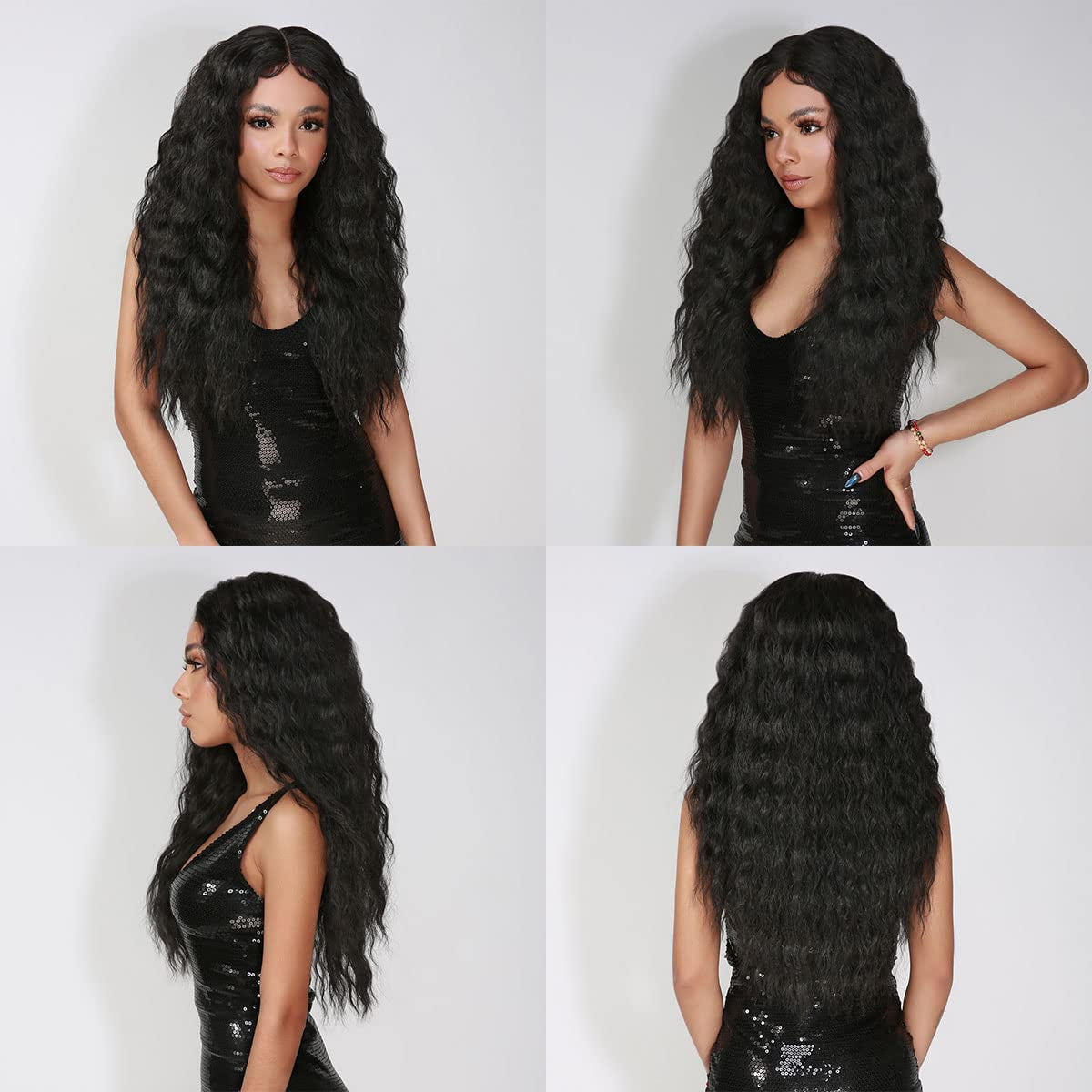 26 Inch Long Wavy Loose Deep Wave Swiss Lace Front Wig Middle Center Part Realistic Hairline for Black Women Heat Resistant Synthetic Wig DPL004 (1B-Off Black)