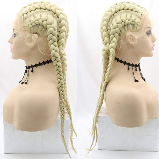 5 Braids Wig Long Blonde Afro Braided Synthetic Lace Front Wig Twist Braiding 613# Golden Color with Baby Hair for Women Daily Wear,Drag Queen Makeup Party 28 Inches