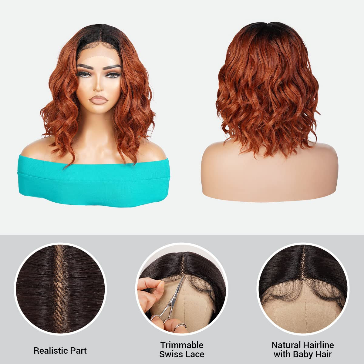 Medium Wavy Deep Wave Bob Wigs 12 Inch Middle Center Part Soft Swiss Lace Front Bob Wig for Black Women Wavy Curly Wig Heat Resistant Synthetic Wigs DPL008 (OTCOPPER)
