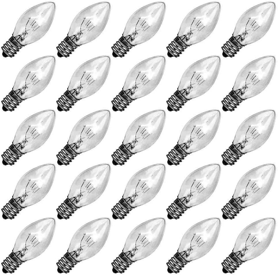 25 Pack C7 Halloween Replacement Light Bulbs, Orange Ceramic Christmas Lights for Halloween Outdoor Patio Indoor Xmas String Lights, C7/E12 Candelabra Base, 5 Watt, Orange