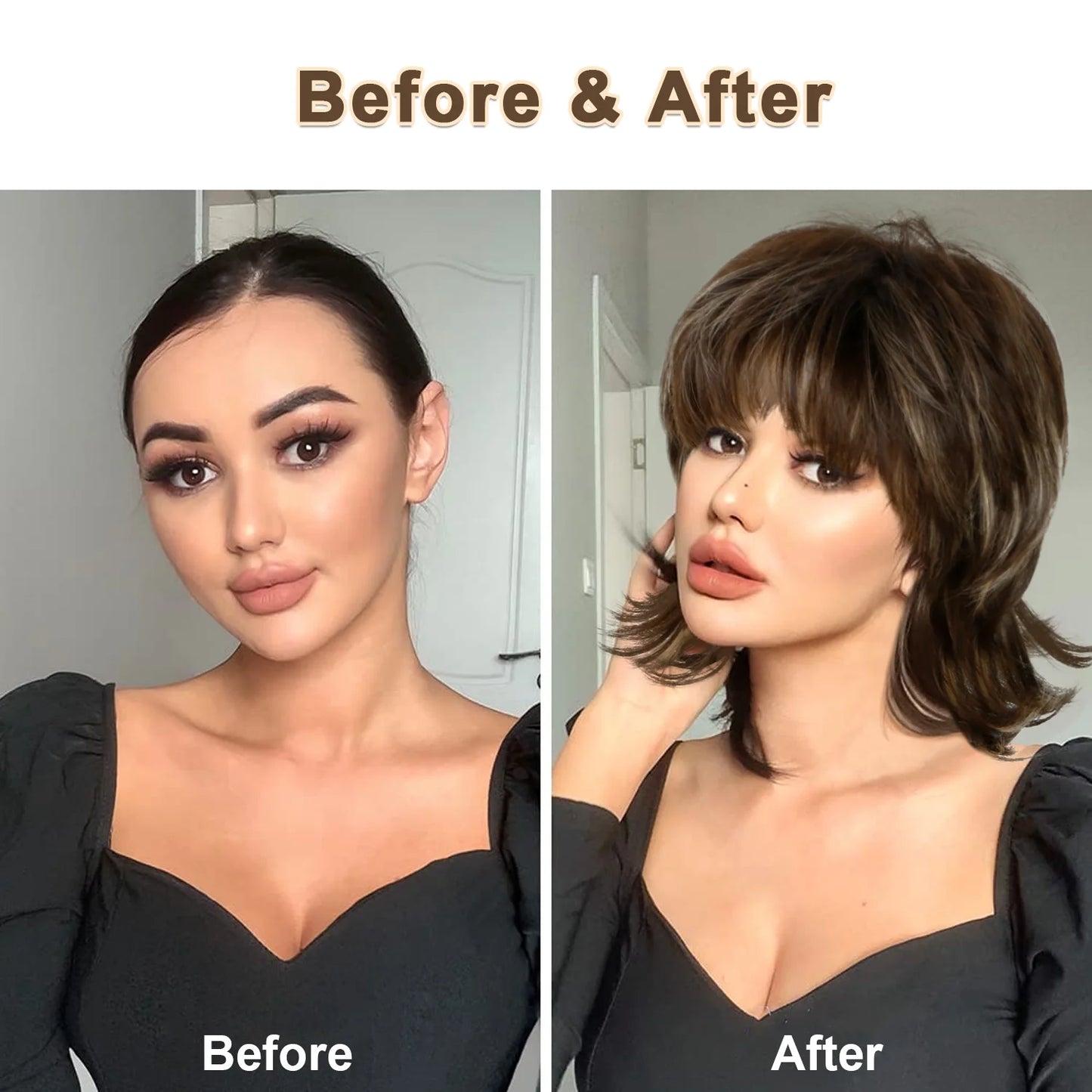 Short Brown Wig for Women Mullet Highlight Blonde Curly Synthetic Wigs