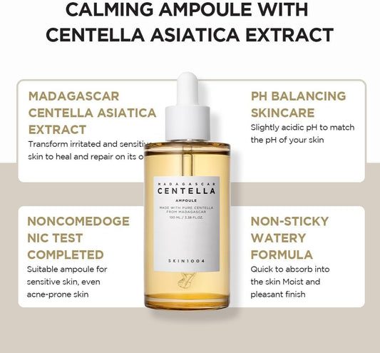 Madagascar Centella Asiatica Ampoule Facial Serum 1.85 Fl.Oz, 55Ml, Soothes Acne Prone and Sensitive Skin