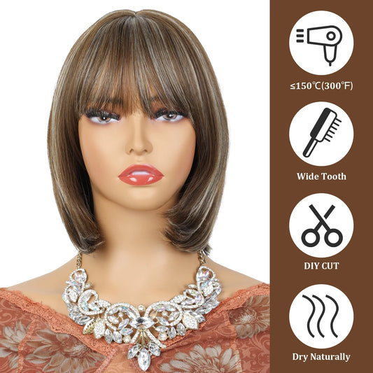 10Inch Short Brown Bob Wig with Bangs Highlight Blonde Short Wigs for Women