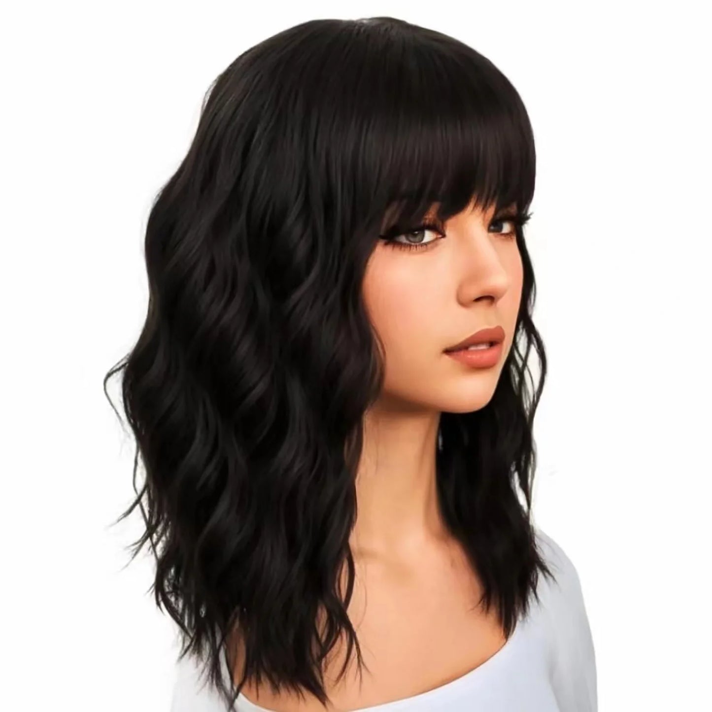 12" Short Bob Wigs for Black Women Water Wavy Wig Synthetic Black Wig with Bangs