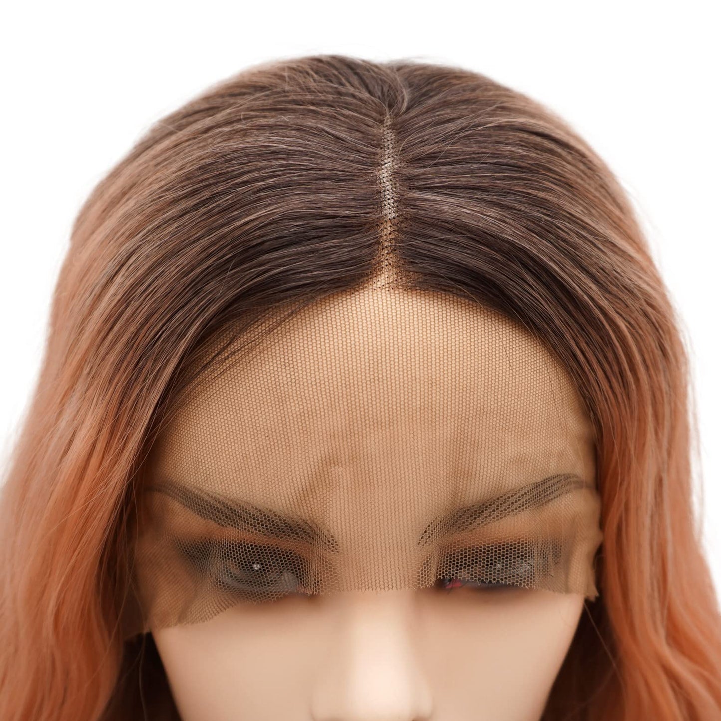 Hair Synthetic Lace Front Wig Wavy Long 26Inch Dark Root Rose Gold Ombre Heavy Density Heat Resistant Realistic Wig