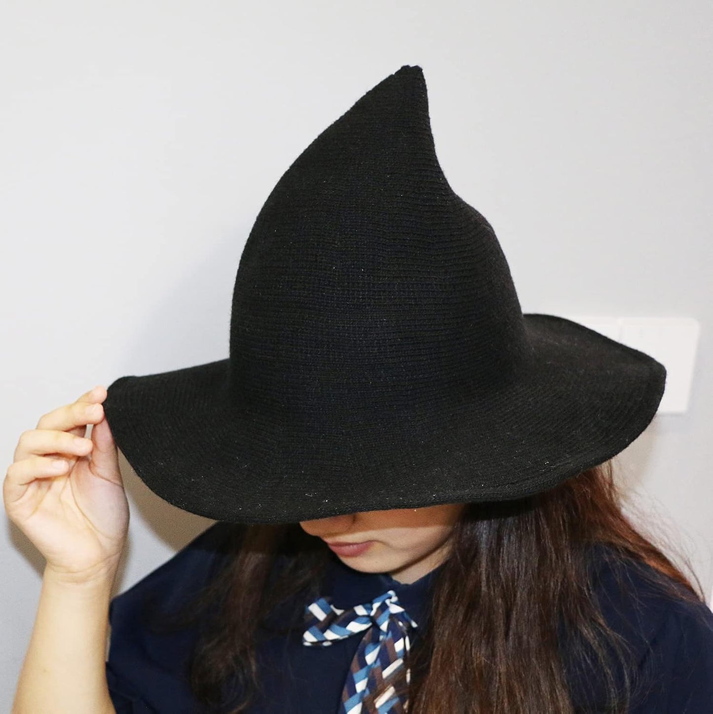Womens Witch Hat Knitted Wool Cap for Halloween Party Masquerade Cosplay Costume Accessory and Daily, Black