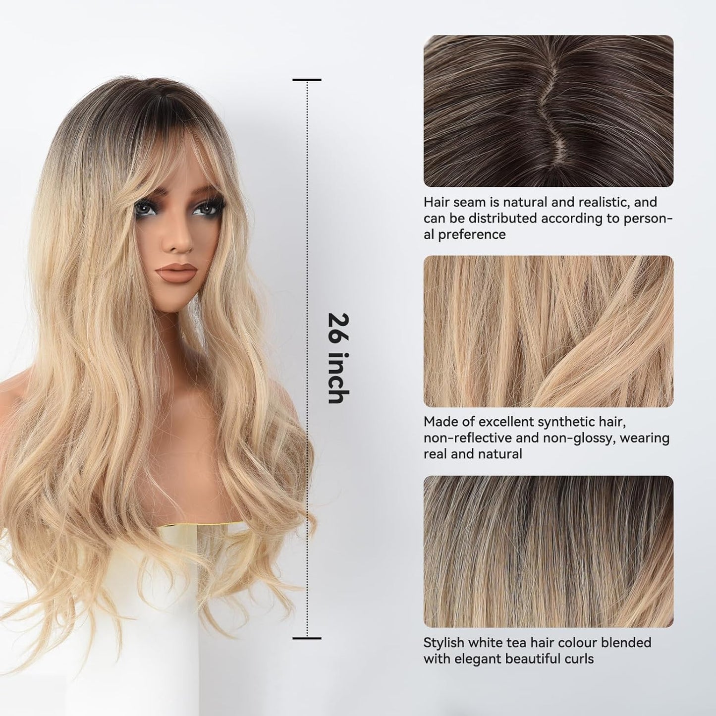 Long Wavy Blonde Wig with Bangs - 26 Inch Long Wavy Blonde Wig with Bangs for Women - Natural Looking Heat Resistant Synthetic Wig for Daily Party Use