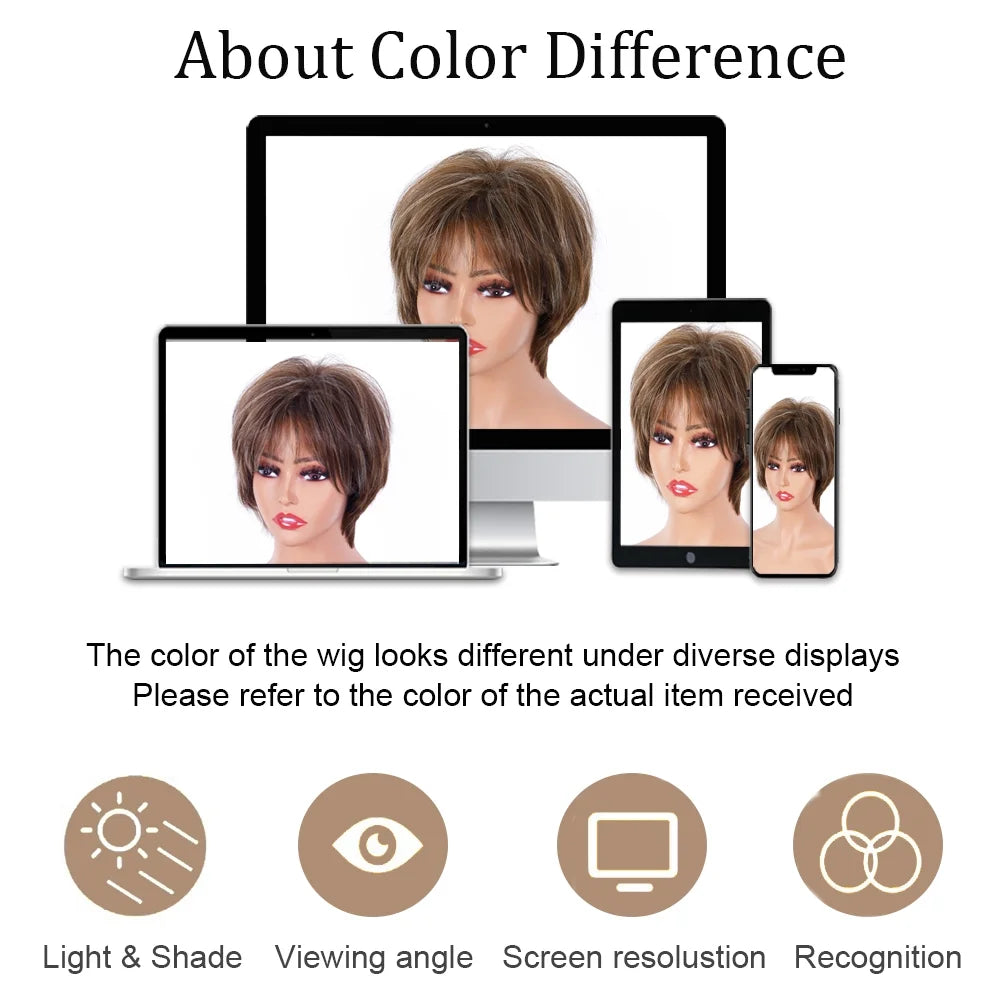 Short Brown Pixie Cut Wigs for Women with Bangs Highlight Blonde Synthetic Short Hair Wig