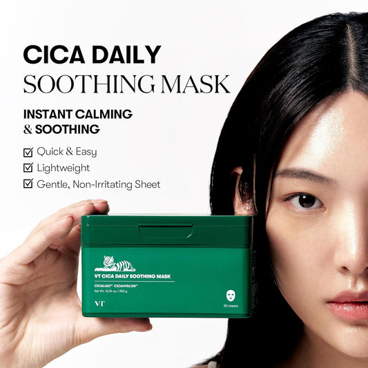 CICA Daily Soothing Mask 30 Sheets, Centella Asiatica & Hyaluronic Acid for Moisturizing & Hydrating, Instant Calm & Glow, Skin Softening Facial Mask, Korean Face Mask