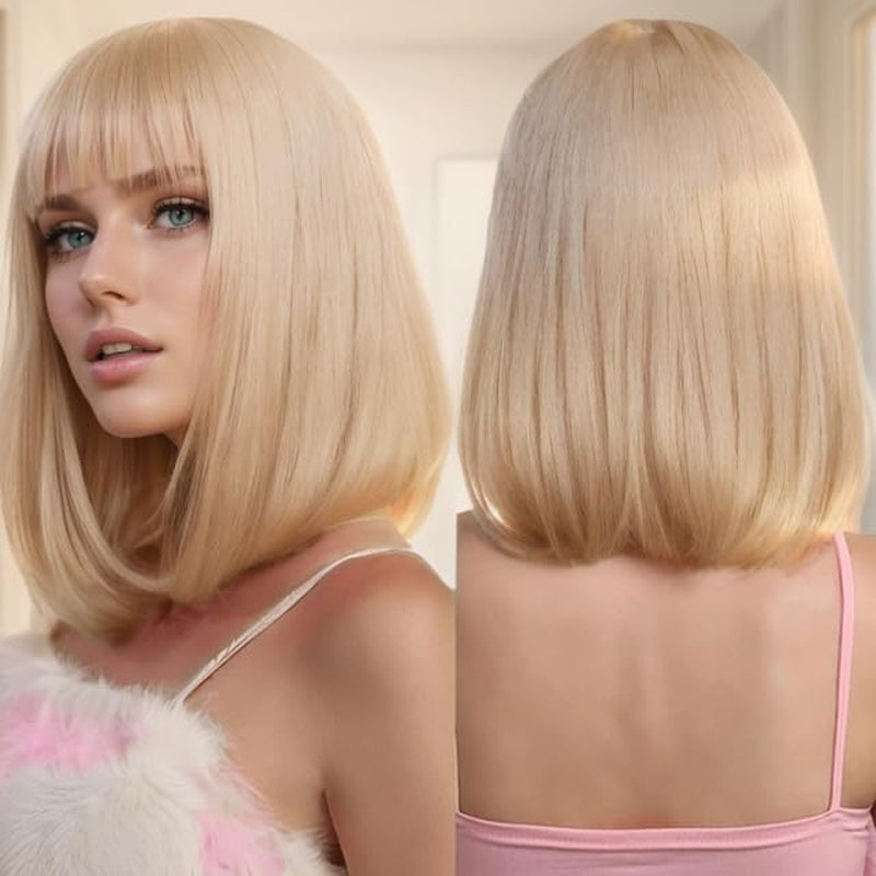 Short Blond Wig with Bangs 15Inch Straight Hair Natural Synthetic Bob Wig for Women (15Inch, Blond)
