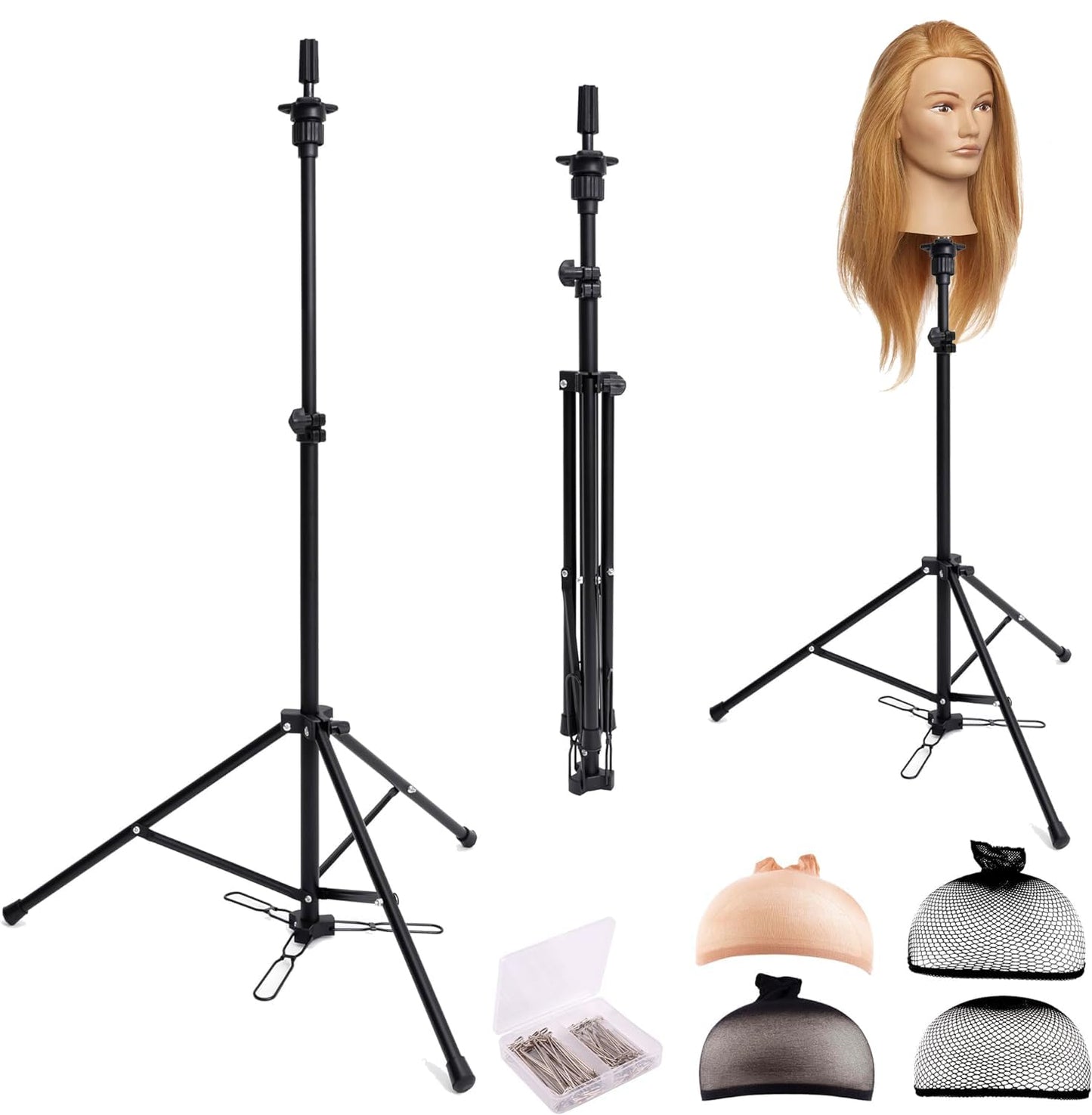 Wig Head Stand, Metal Wig Stand Tripod Holder for Mannequin Heads, 35.4-52.4 In, Black