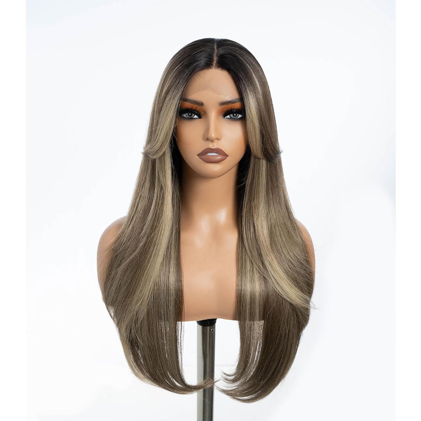 Highlight Ombre Brown Dirty Blonde Layered Wigs with Curtain Bangs, Synthetic Lace Front Wigs with Bangs, Long Straight Middle Part HD Lace Wig with Natural Hairline 26 Inches Wigs for Women