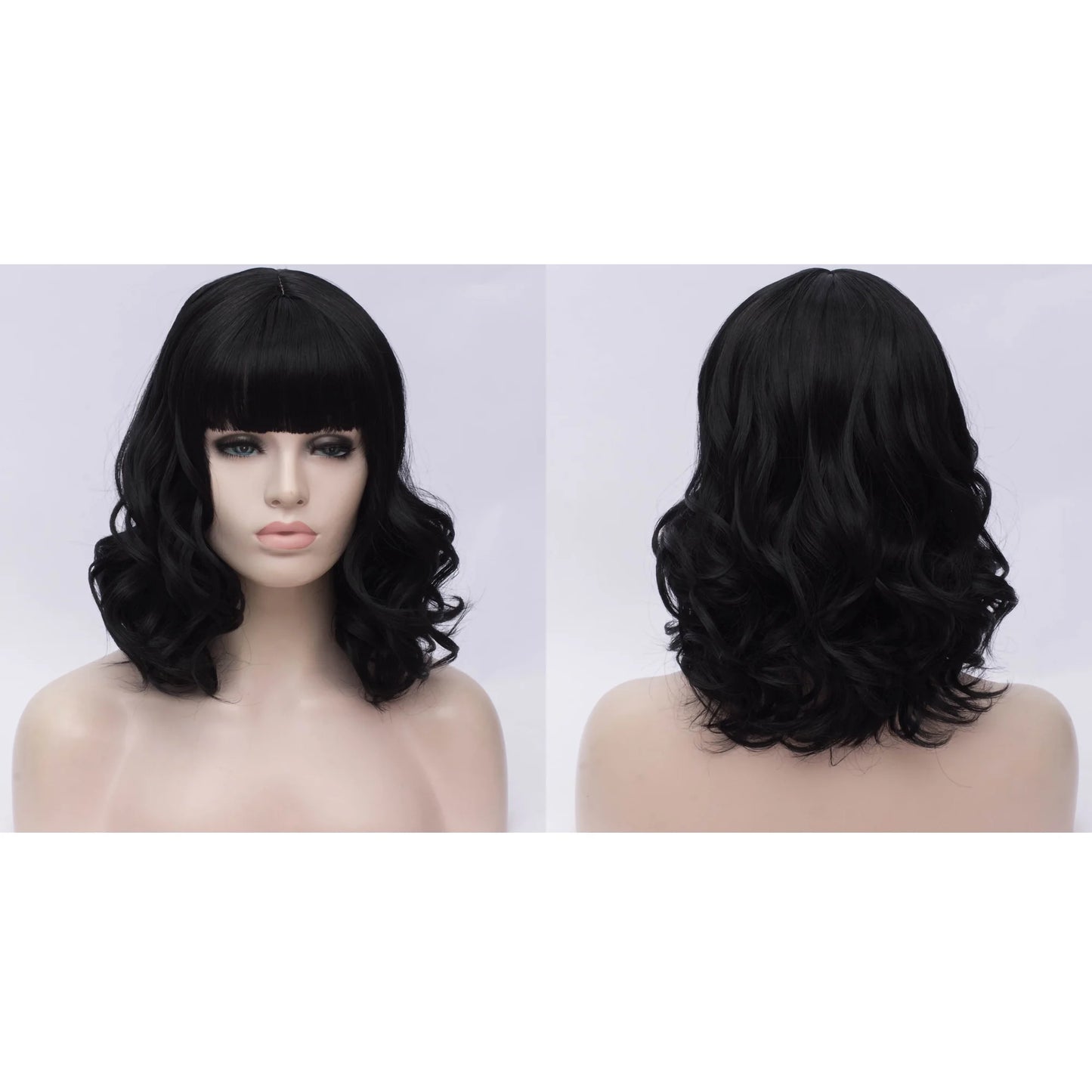 Wigs for Women 16" Black Curly Wig with Wig Cap Natural Full Medium Wavy