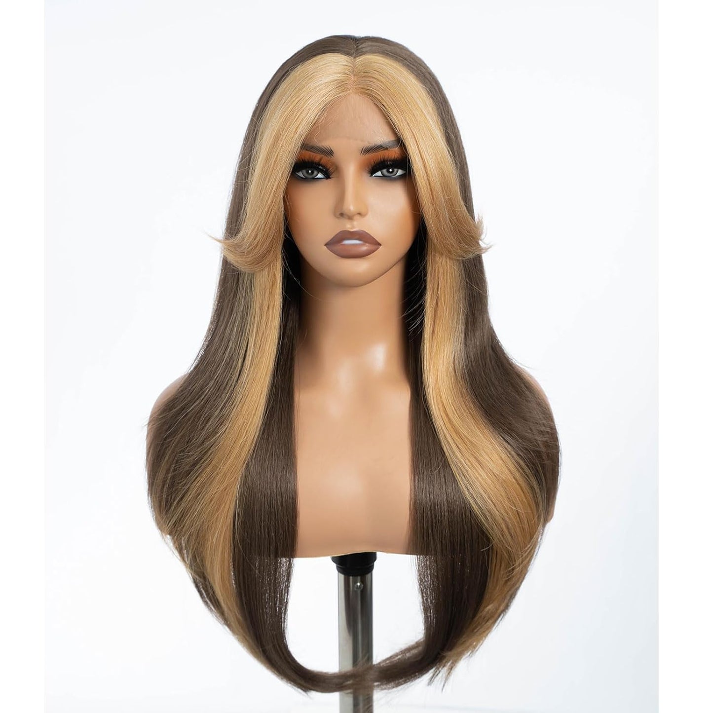 Highlight Ombre Brown Dirty Blonde Layered Wigs with Curtain Bangs, Synthetic Lace Front Wigs with Bangs, Long Straight Middle Part HD Lace Wig with Natural Hairline 26 Inches Wigs for Women