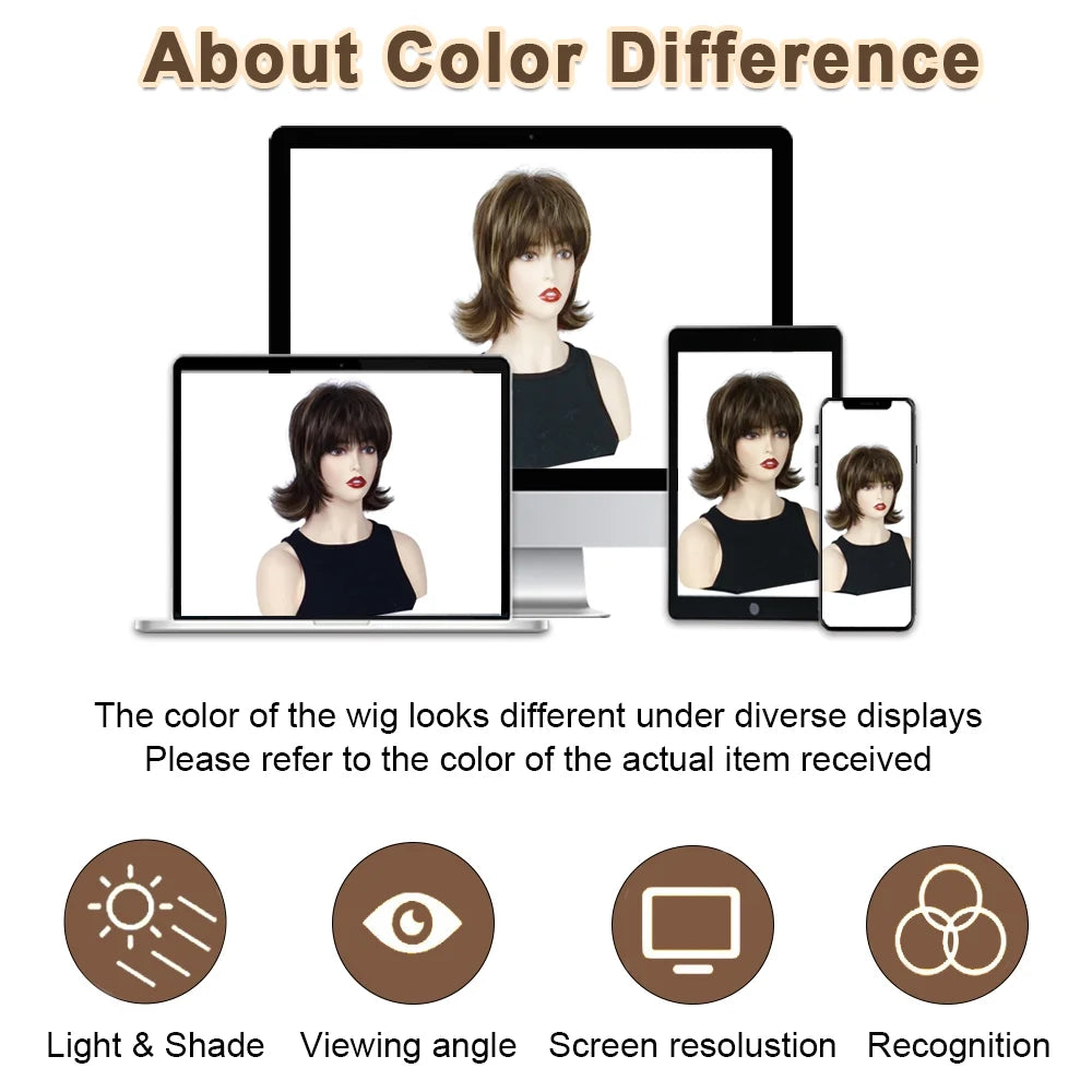 Short Brown Wig for Women Mullet Highlight Blonde Curly Synthetic Wigs