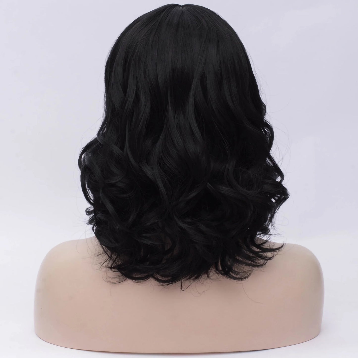Wigs for Women 16" Black Curly Wig with Wig Cap Natural Full Medium Wavy