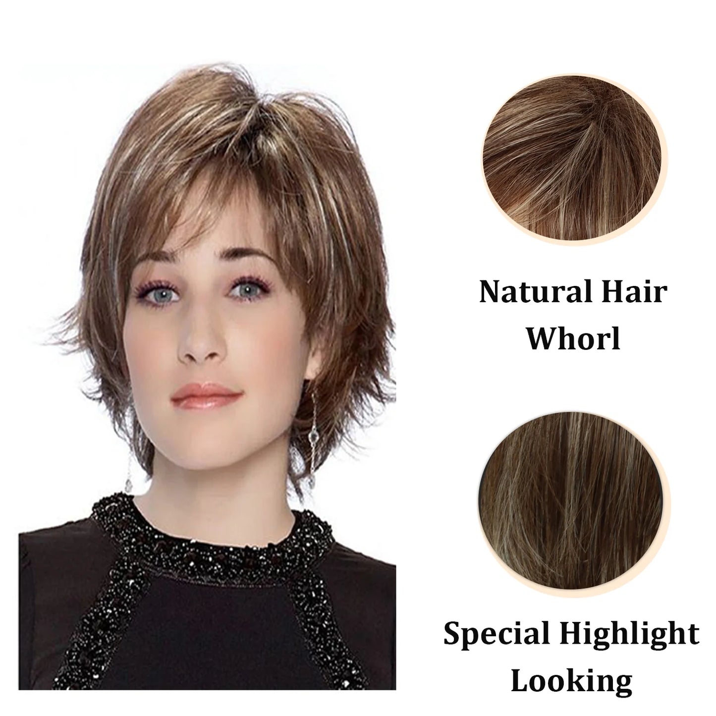 Short Brown Pixie Cut Wigs for Women with Bangs Highlight Blonde Synthetic Short Hair Wig