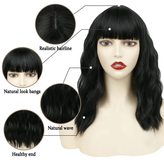 12" Short Bob Wigs for Black Women Water Wavy Wig Synthetic Black Wig with Bangs