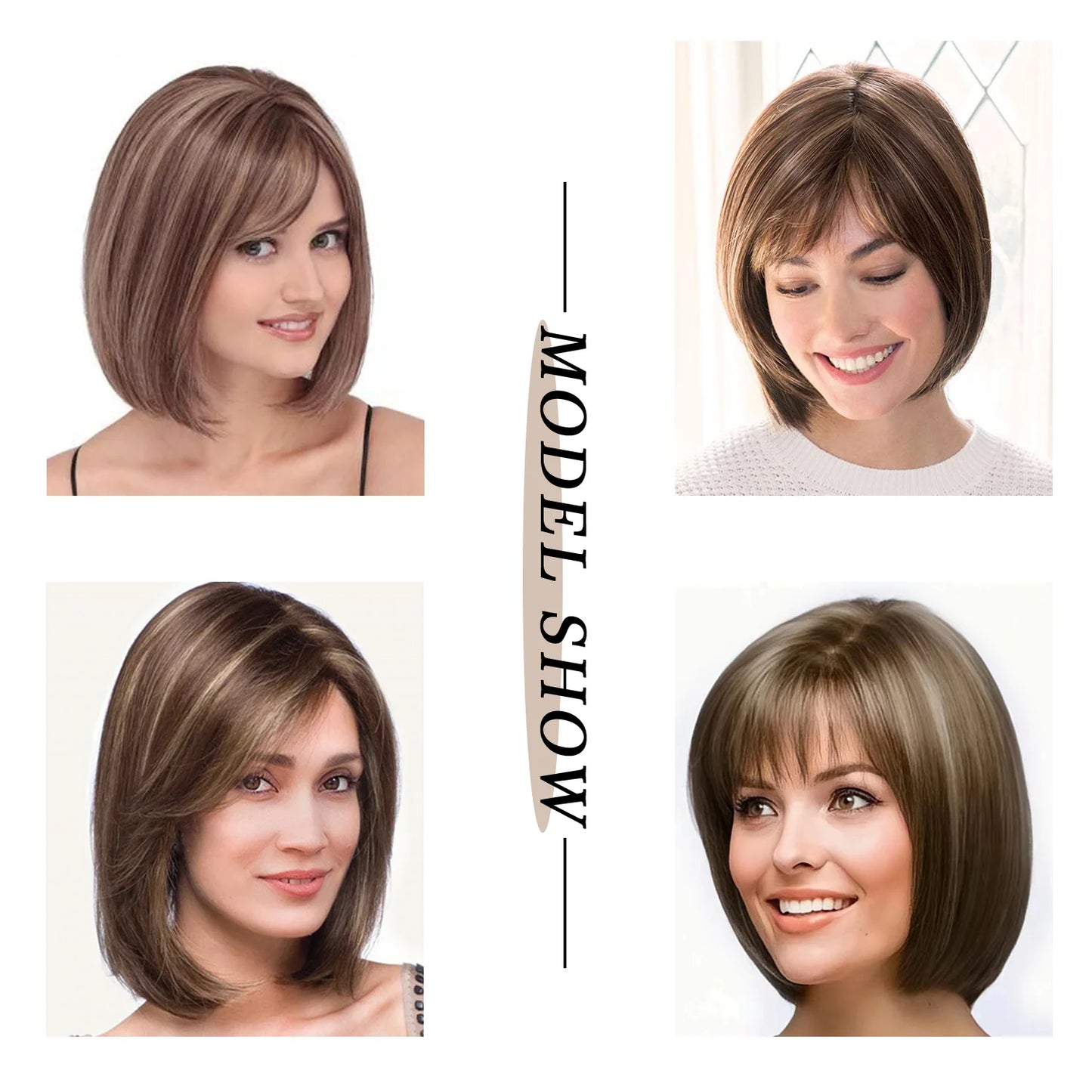 10Inch Short Brown Bob Wig with Bangs Highlight Blonde Short Wigs for Women