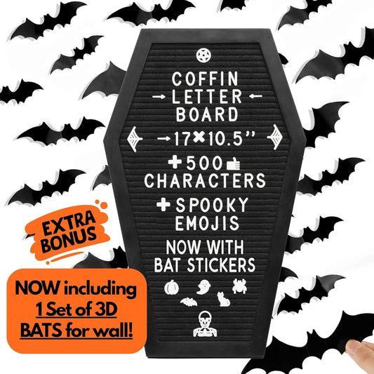 Coffin Letter Board Black +3D Bat Stickers +650 Characters, Spooky & Seasonal Emojis, Wooden Stand - 17X10.5 Inches - Coffin Shaped Goth Decor Sign Witchy Halloween Decorations Gothic Decor Birthday Wedding Home Spooky Gifts