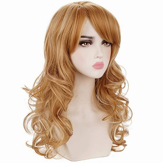 Long Curly Wavy Strawberry Blonde Highlights Natural Synthetic Hair Wigs with Bangs for Women Daily Wear, Cosplay, Halloween