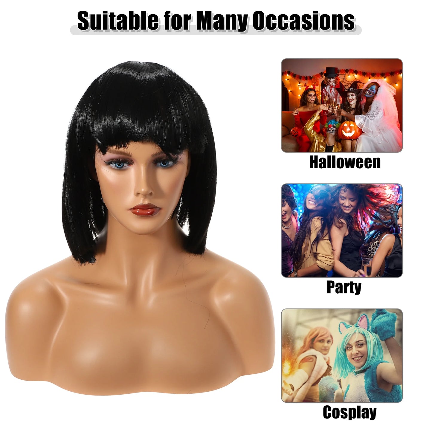 Wigs for Women 12" Black Bob Wig with Wig Cap