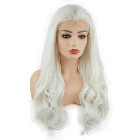 Hair Wavy Long 24Inch White Half Hand Tied Heavy Density Realistic Synthetic Lace Front Wig