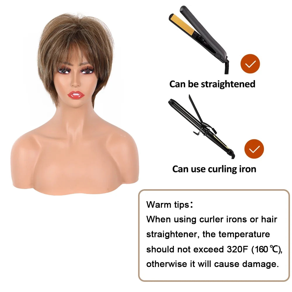 Short Brown Pixie Cut Wigs for Women with Bangs Highlight Blonde Synthetic Short Hair Wig