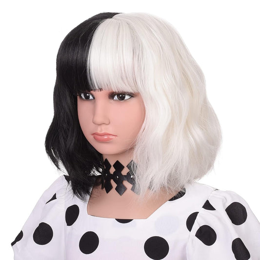 3+ Years Kids Black and White Wig with Necklace for Cosplay Costume Short Wavy Bob Synthetic Wigs with Bangs for Girls Children Halloween Party