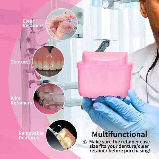 Dental Orthodontic Retainer Container Cleaning Case,Denture Bath Box Case Cup Holder, Mouthguard Storage Soaking Case - Pink