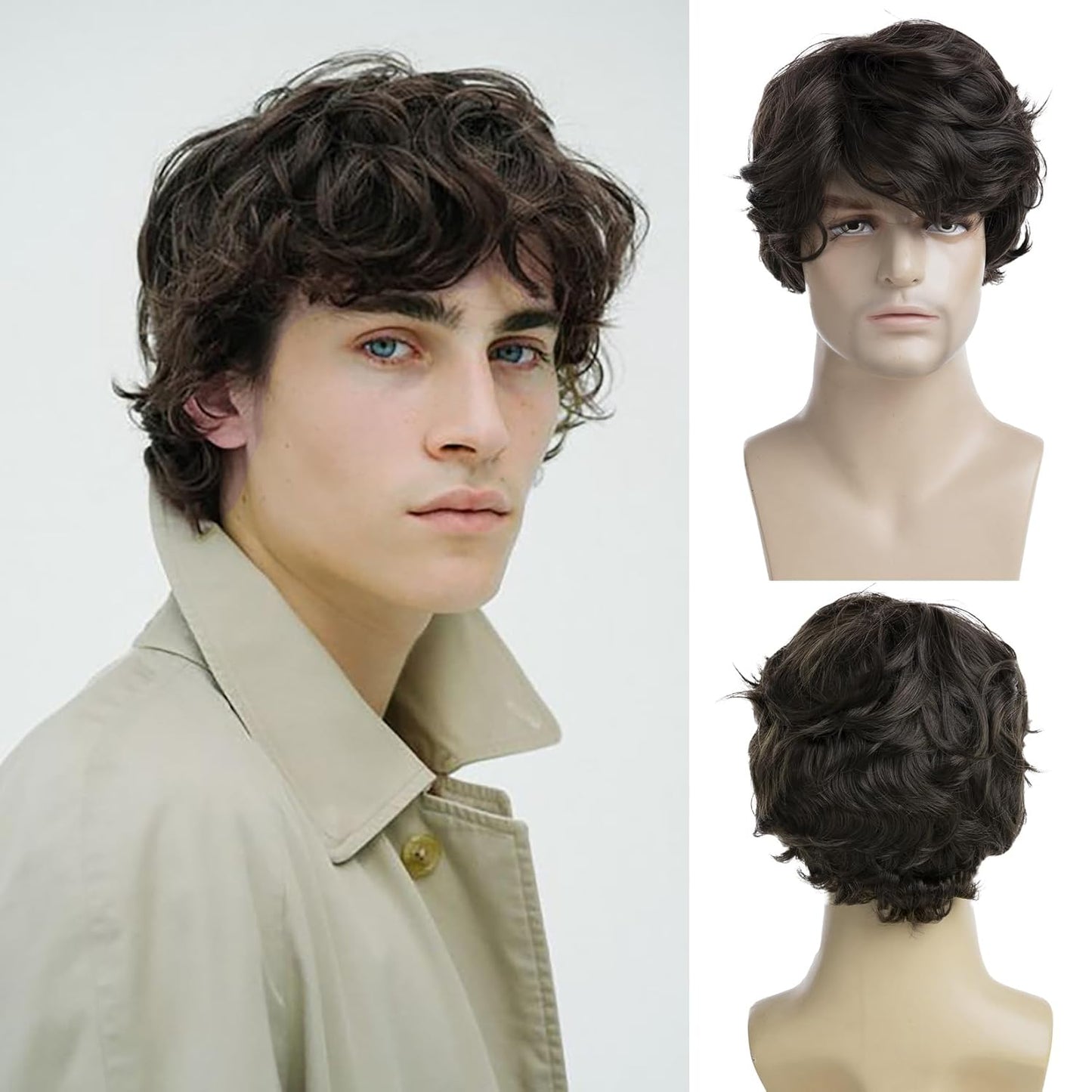 Mens Short Brown Wig Synthetic Natural Replacement Hair Wig for Daily Party Wear
