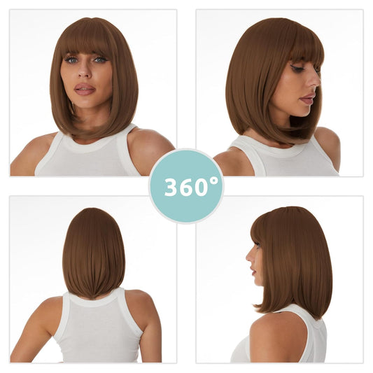 Auburn Bob Wigs with Bangs for Women Short Straight Shoulder Length Heat Resistant Synthetic Wig Light Golden Brown Natural Looking for Daily Cosplay Party