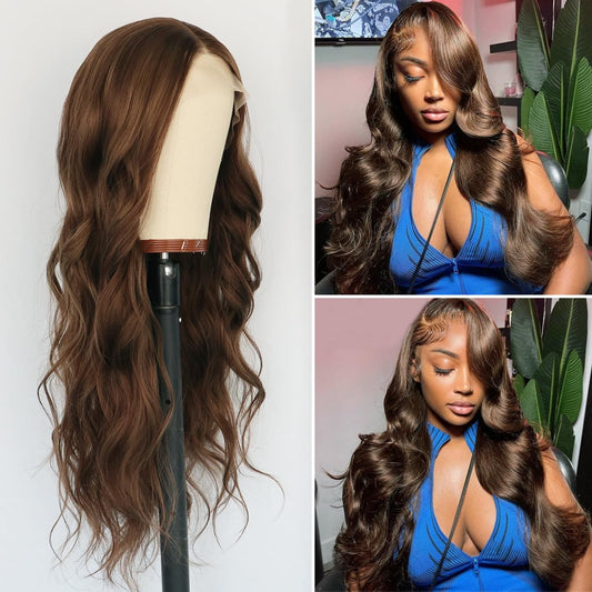 Chocolate Brown Lace Front Wig Long Wavy Curly Hair Wigs Natural Looking Glueless Lace Wigs Heat Resistant Fiber Hair Brown Synthetic Wig for Women Daily Use