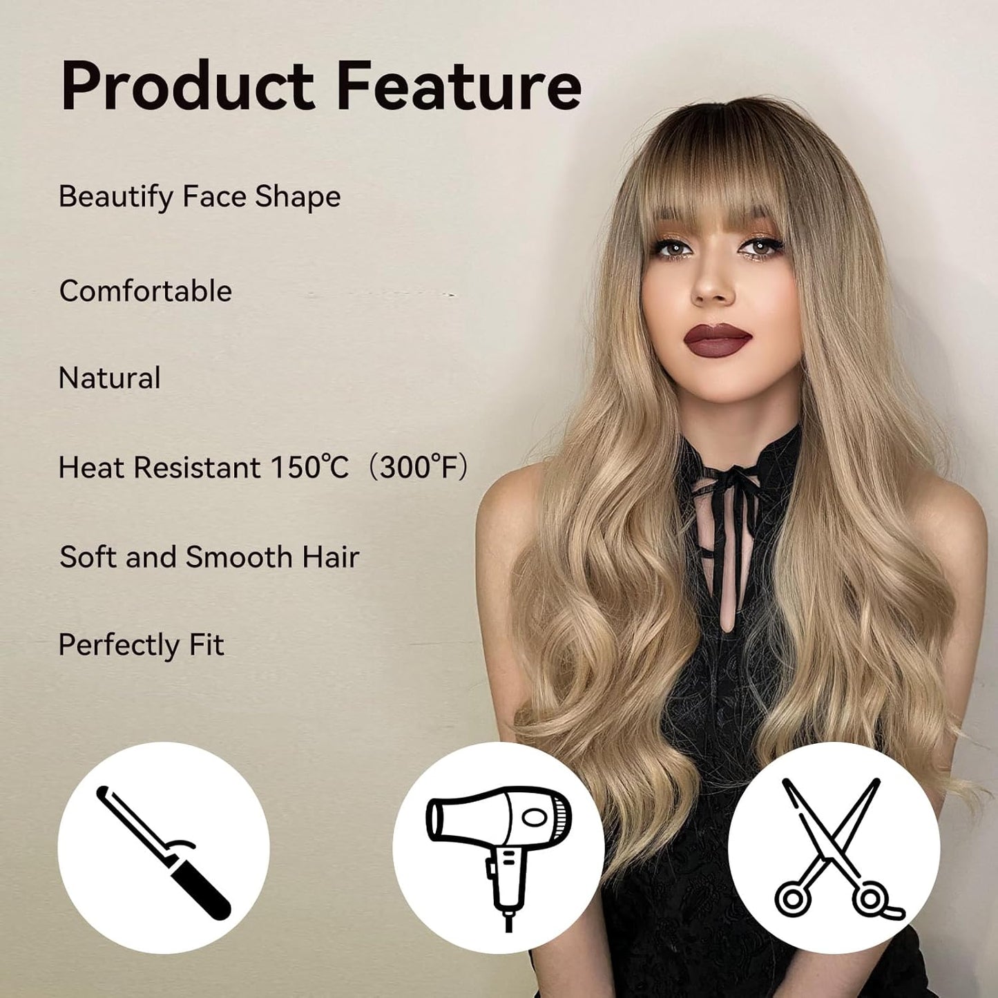 Long Wavy Blonde Wig with Bangs - 26 Inch Long Wavy Blonde Wig with Bangs for Women - Natural Looking Heat Resistant Synthetic Wig for Daily Party Use