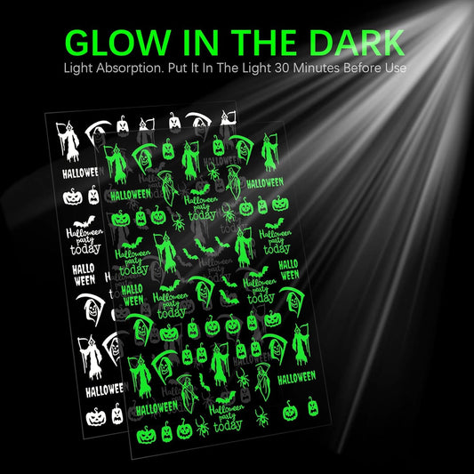9 Sheets Halloween Nail Stickers Glow in the Dark, Fluorescent Design Nail Decals, Self-Adhesive DIY Nail Art Tips for Women Manicure
