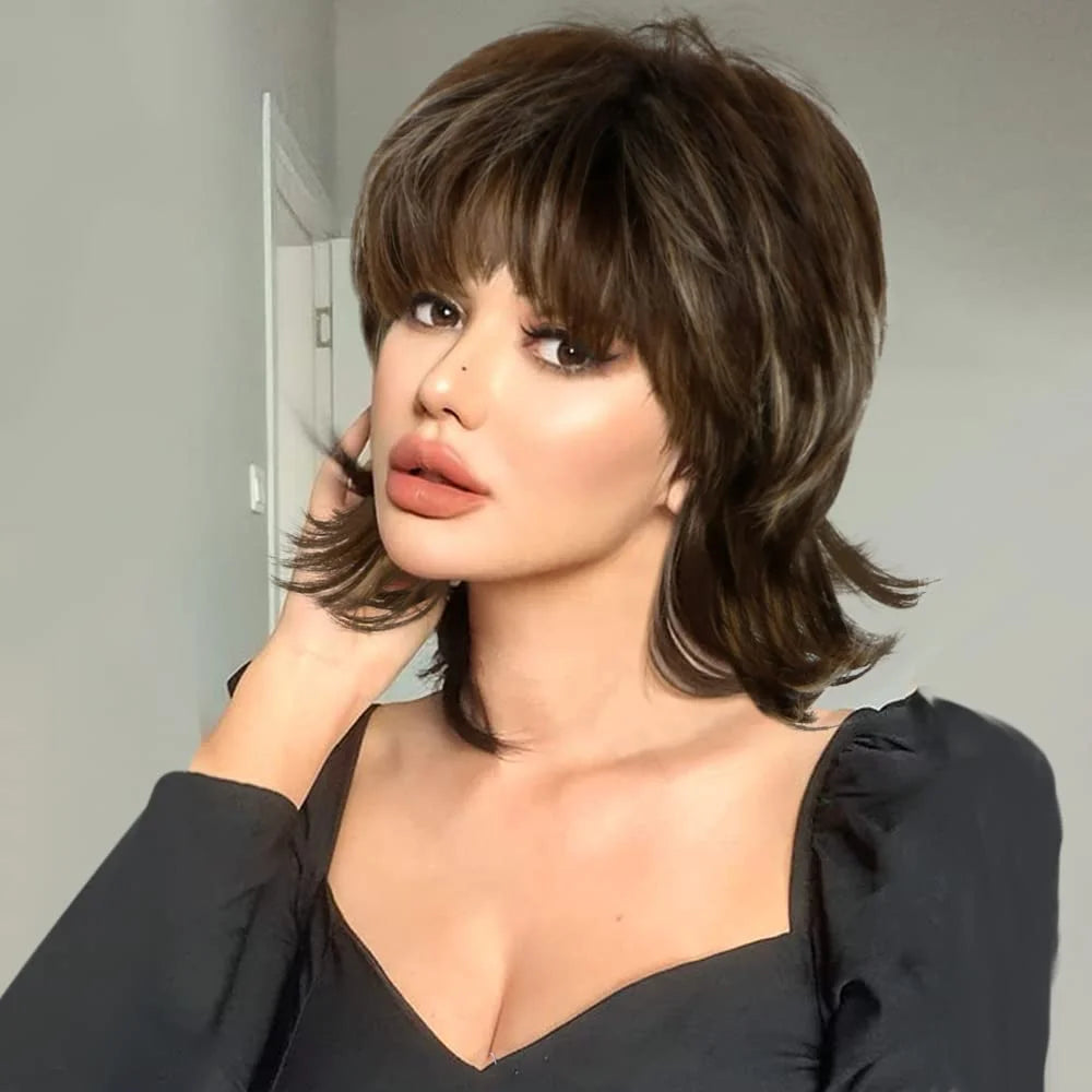 Short Brown Wig for Women Mullet Highlight Blonde Curly Synthetic Wigs