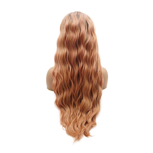 Hair Synthetic Lace Front Wig Wavy Long 26Inch Dark Root Rose Gold Ombre Heavy Density Heat Resistant Realistic Wig