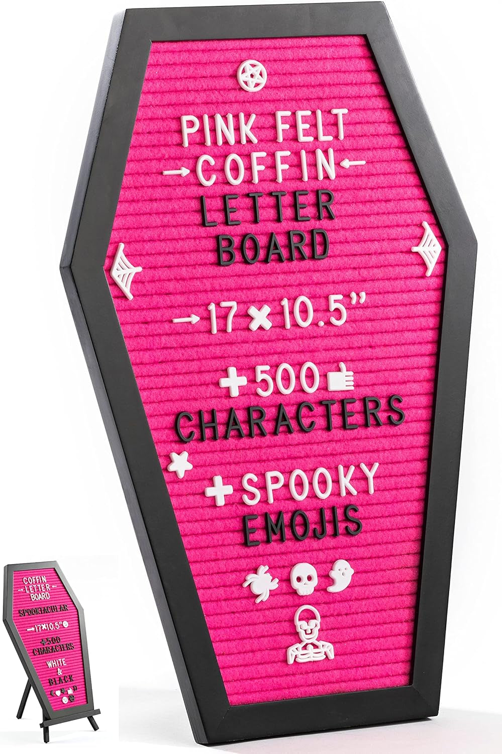Coffin Letter Board Black +3D Bat Stickers +650 Characters, Spooky & Seasonal Emojis, Wooden Stand - 17X10.5 Inches - Coffin Shaped Goth Decor Sign Witchy Halloween Decorations Gothic Decor Birthday Wedding Home Spooky Gifts