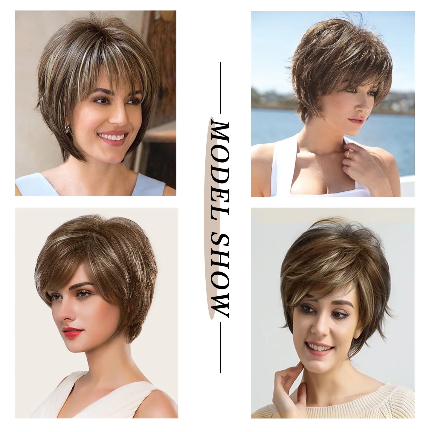 Short Brown Pixie Cut Wigs for Women with Bangs Highlight Blonde Synthetic Short Hair Wig