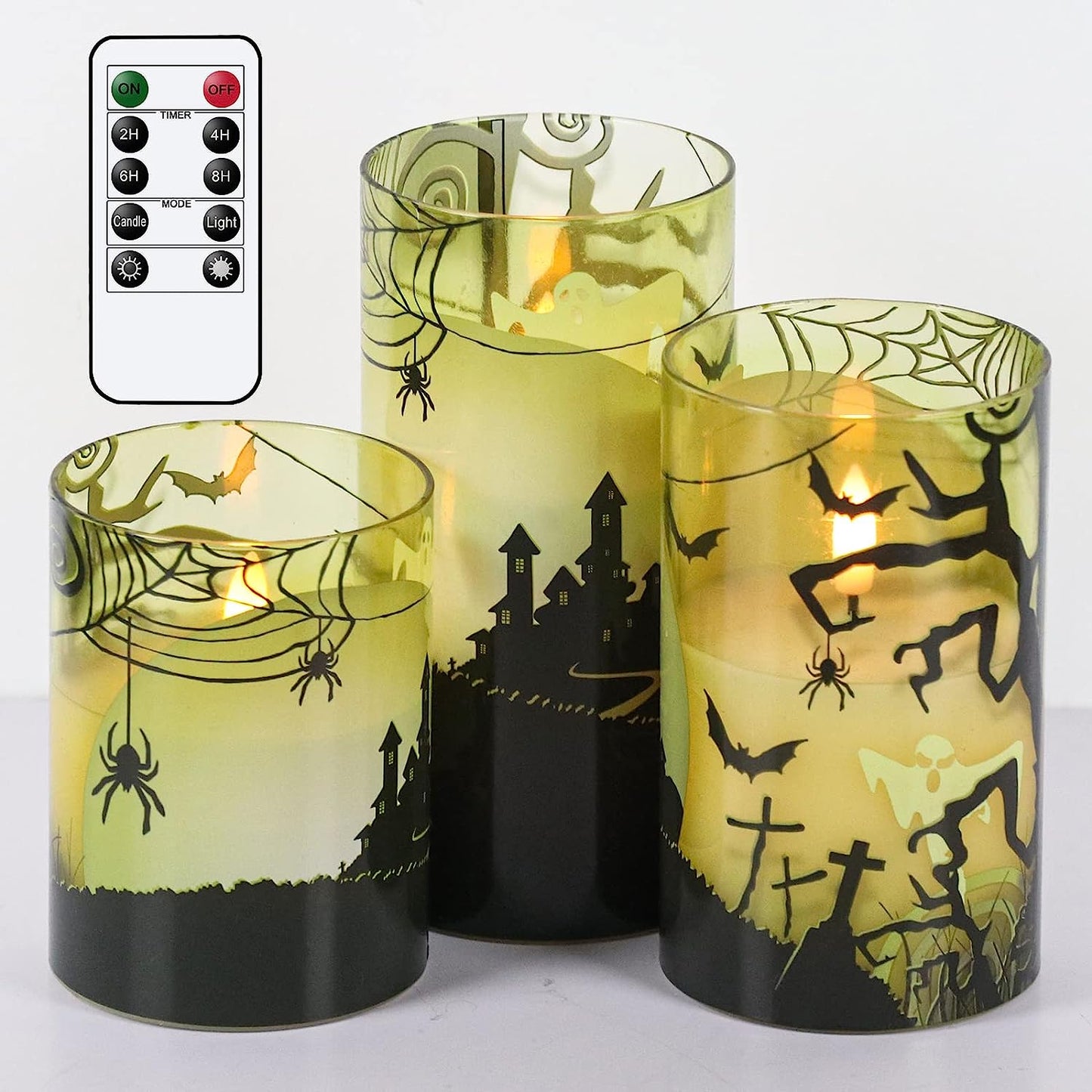Halloween Flameless Candles, LED Flickering Battery Pillar Candles with 6H Timer and Pumpkin Decals, Spooky Fall Halloween Festival Party Decoration Set of 3 (D 3” X H 4” 5” 6”)