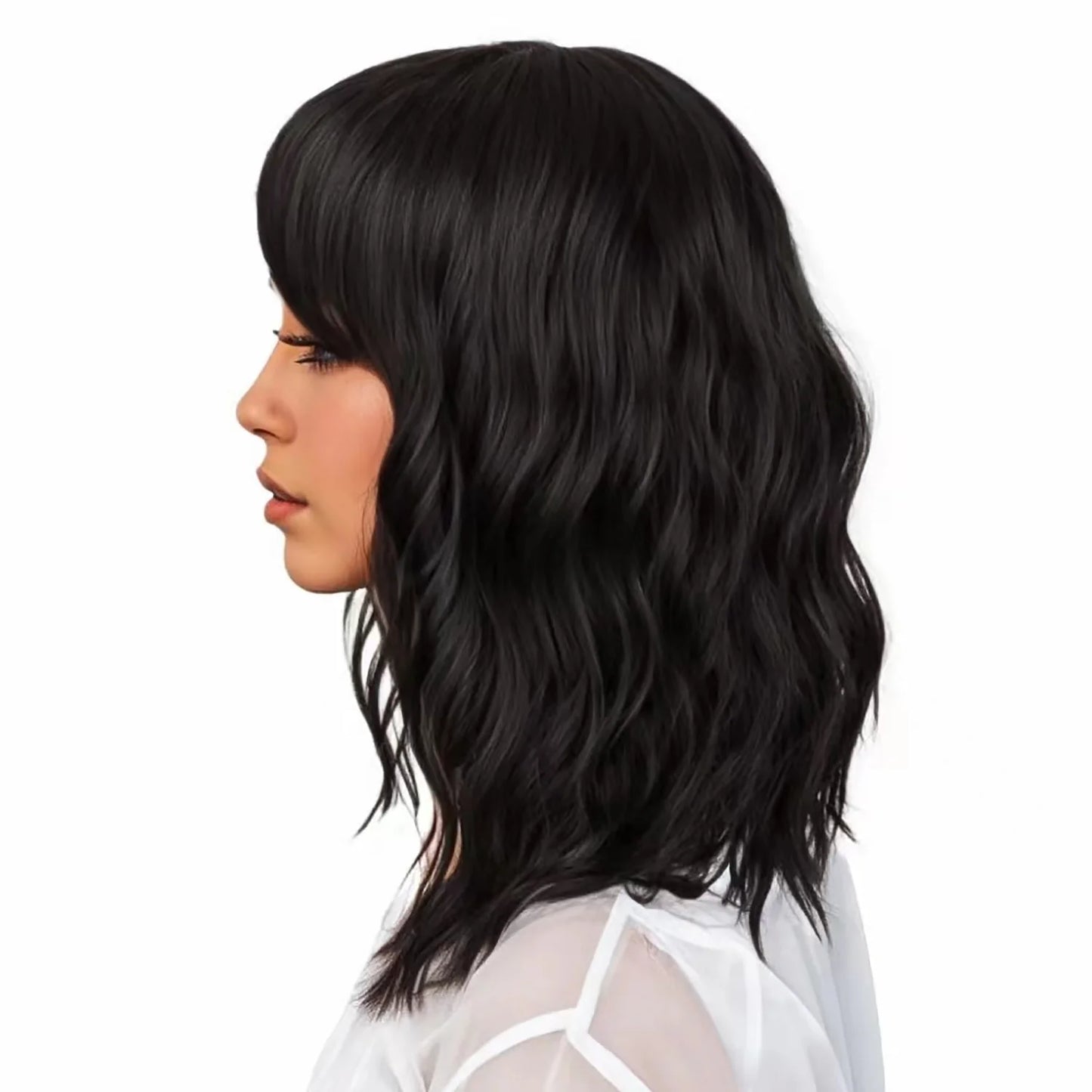 12" Short Bob Wigs for Black Women Water Wavy Wig Synthetic Black Wig with Bangs