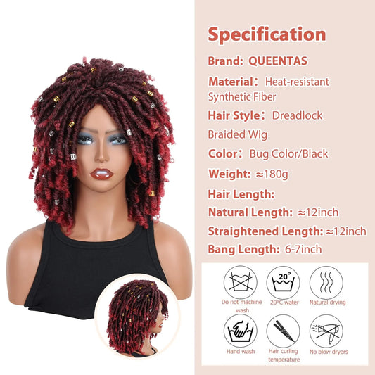 Dreadlock Wig for Black Women Braided Wigs Short Curly Braid Wig Twist Wig Synthetic Red Curly Wigs for Women(Black Mix Burgundy)