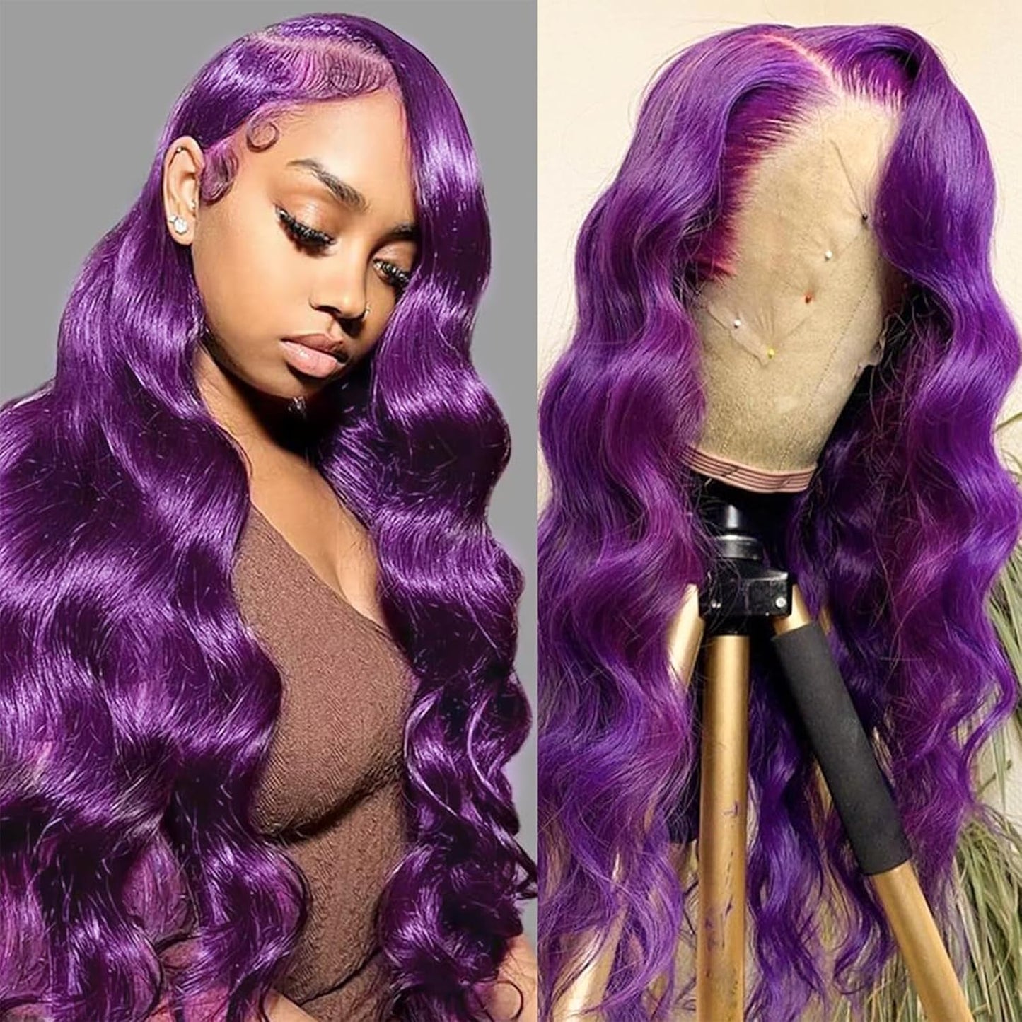 Purple Body Wave 13X4 Lace Frontal Wigs HD Lace Front Wigs Glueless Pre Plucked Bluish Violet Glueless Wigs 28 Inch Soft Hair Natural Hair Line Baby Hair Heat Resistant
