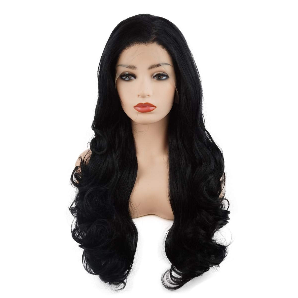 Hair Wavy Long 26Inch Black Half Hand Tied Heavy Density Realistic Synthetic Lace Front Wigs