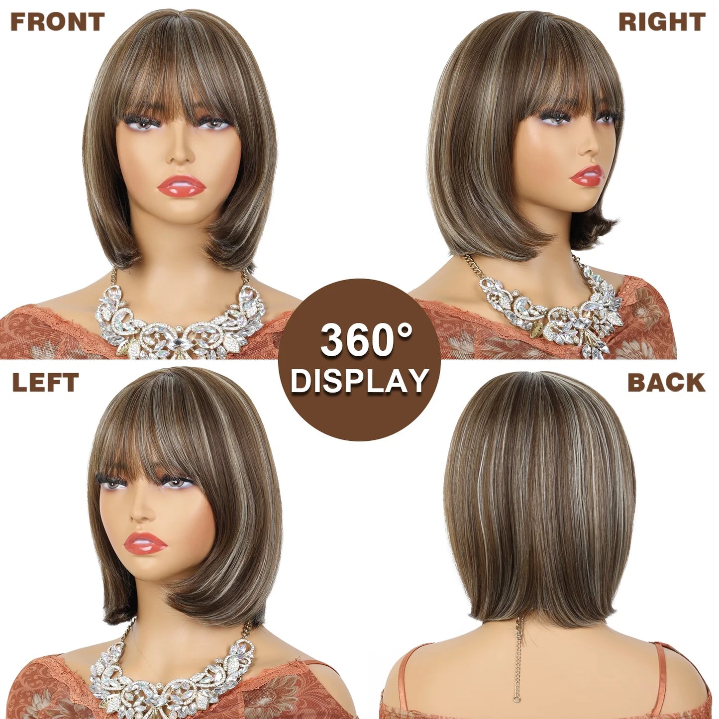 10Inch Short Brown Bob Wig with Bangs Highlight Blonde Short Wigs for Women