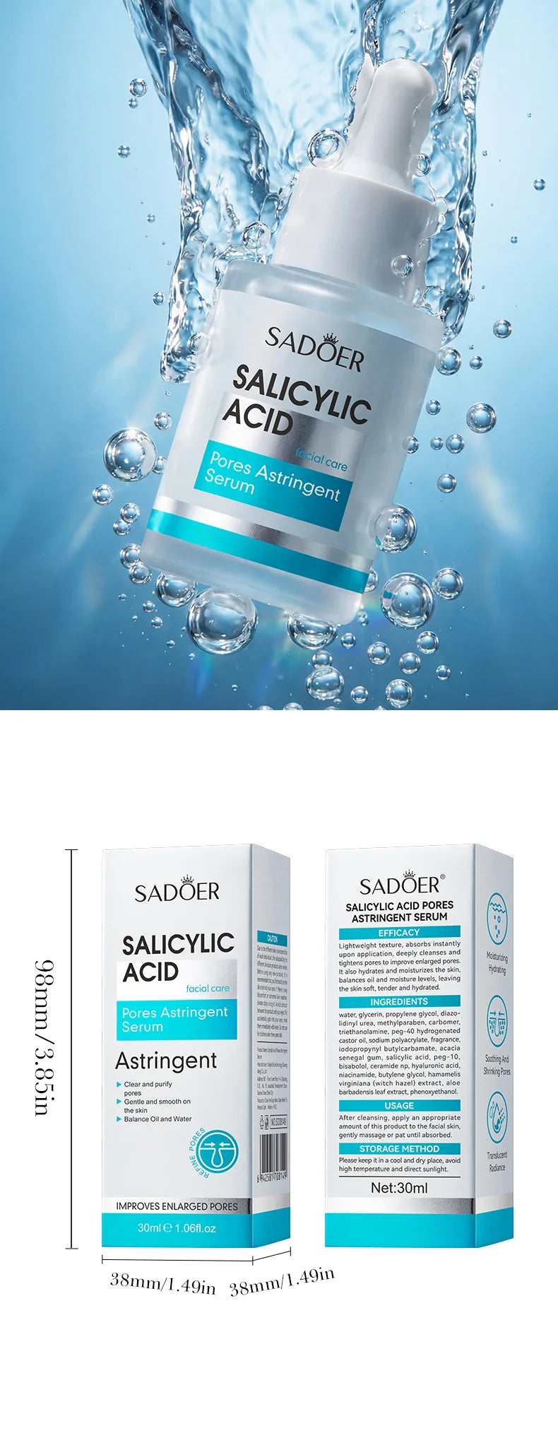 Hyaluronic Acid Facial Essence Natural Moisturizing Factor Salicylic Acid Pore Tightening Serum Deeply Hydrating Oil Control